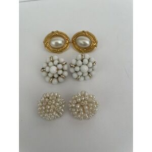 3 Pairs Of Clip On Vintage Earrings Grandmacore Granny Core Faux Pearl Gold tone